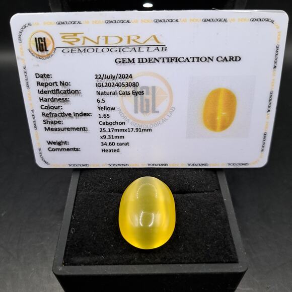 Natural Cats Eye Gemstone, 34.60 Carats, With ID Card - Picture 1 of 4